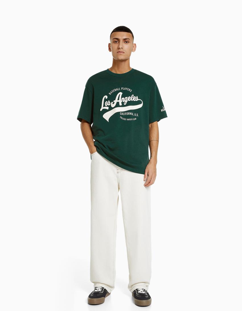 T-shirt manga curta varsity estampado-Verde-3