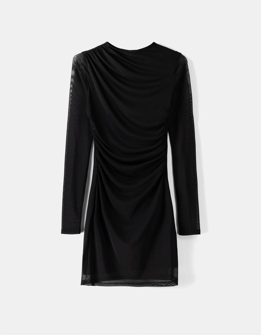 Vestido mini manga comprida tule franzido-Preto-4