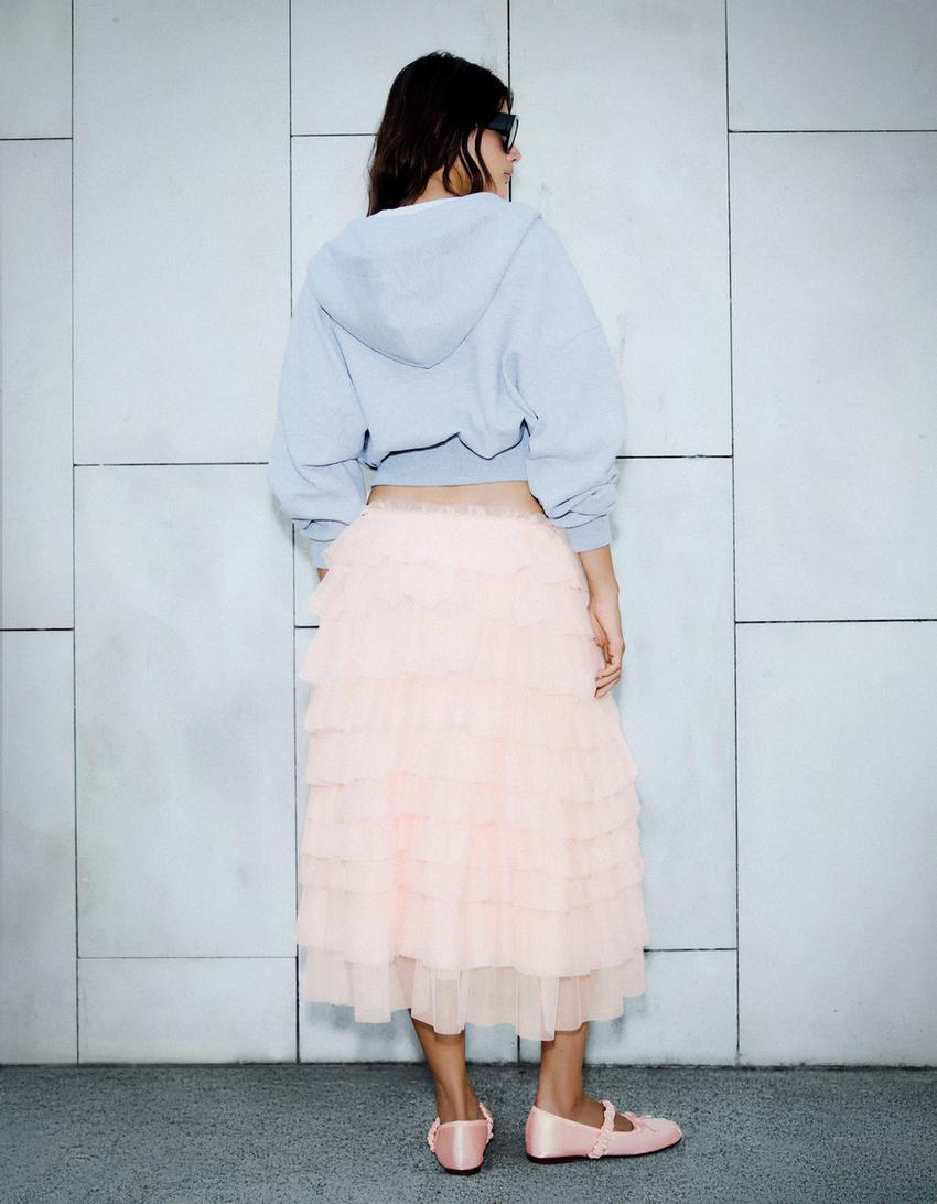 Layered tulle midi skirt-Orange