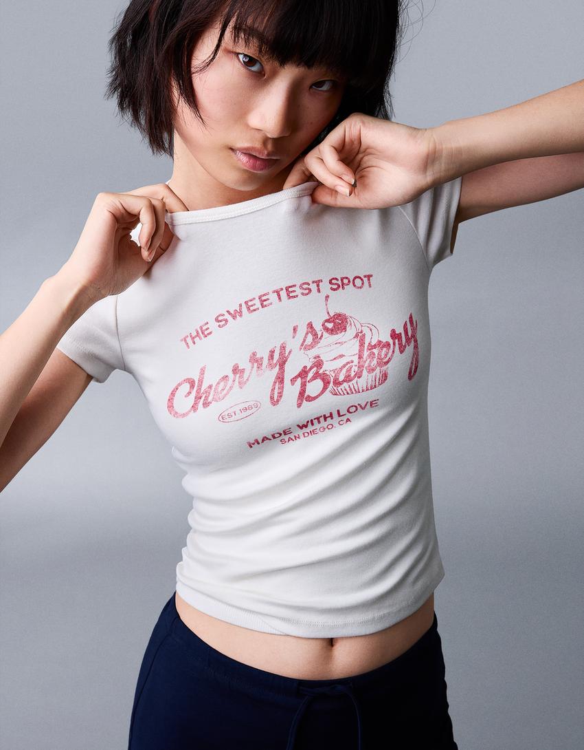 T-shirt manches courtes imprimé-Blanc cassé