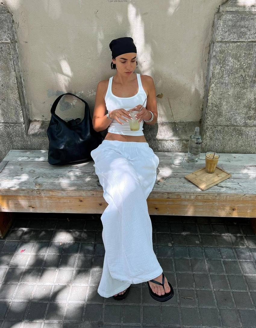 Wide-leg rustic double cloth trousers-White