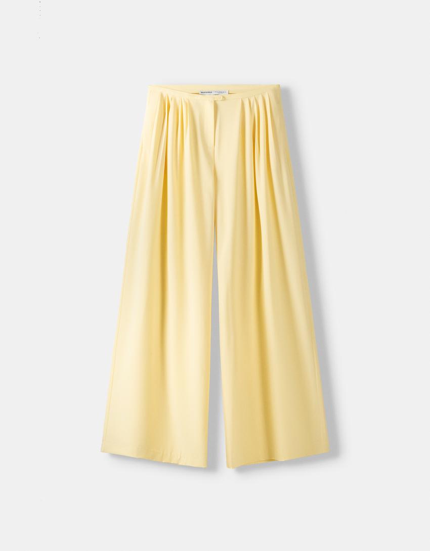 بنطال رسمي بليسيه واسع الساقين-أصفر-5