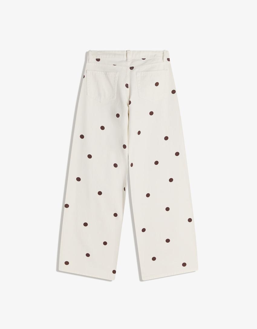 Jeans wide leg à pois-Écru