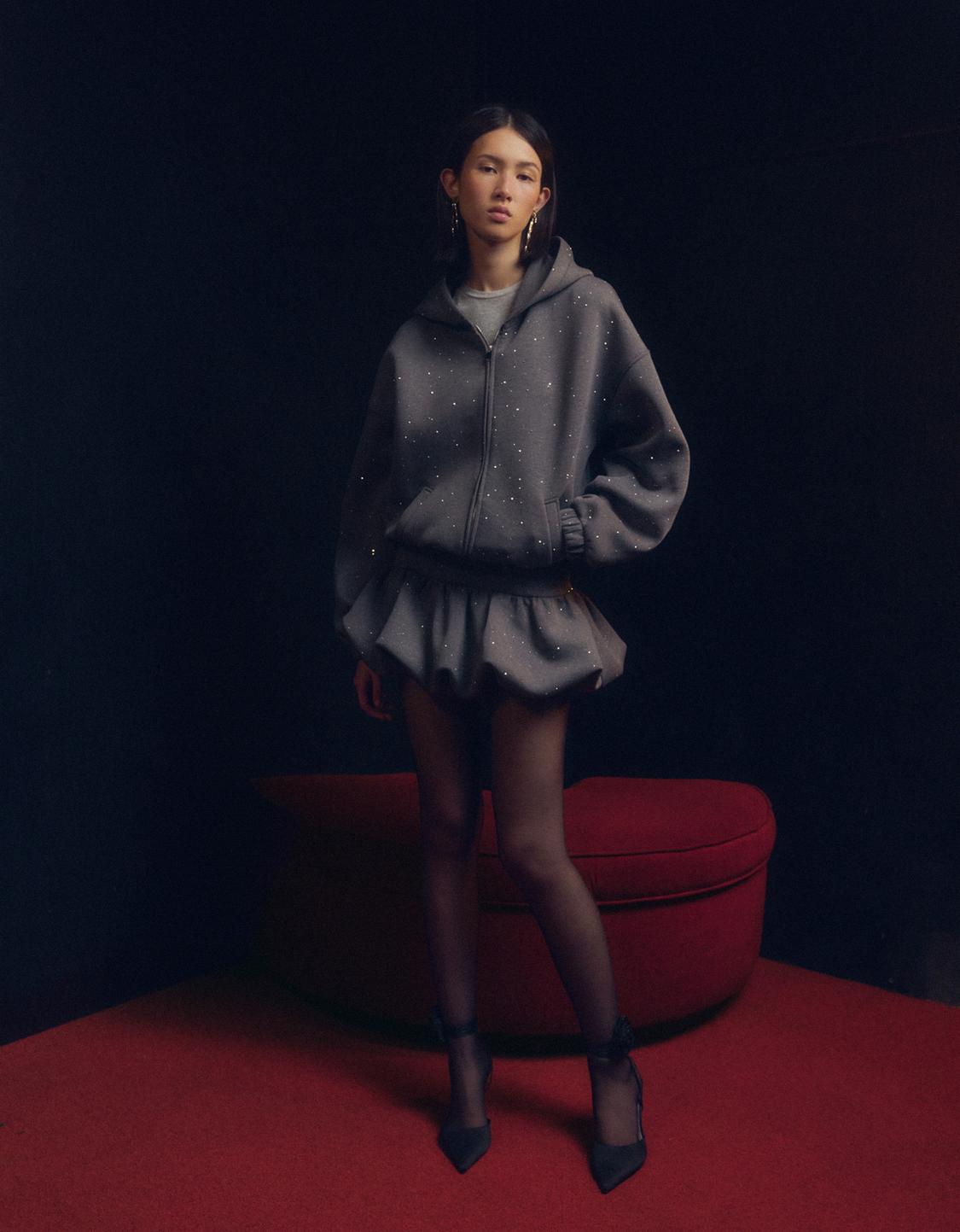 Shimmery neoprene-effect hoodie