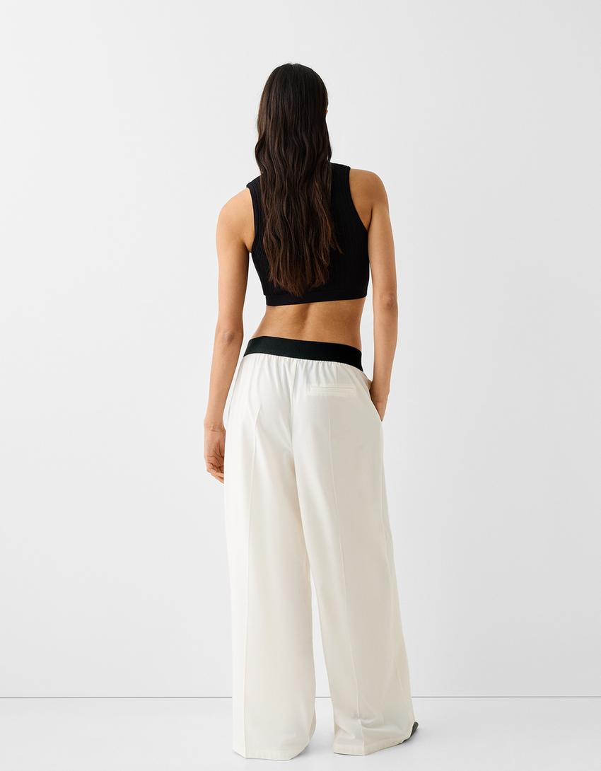 بنطال رسمي واسع الساقين بخصر مرن-كريمي-2