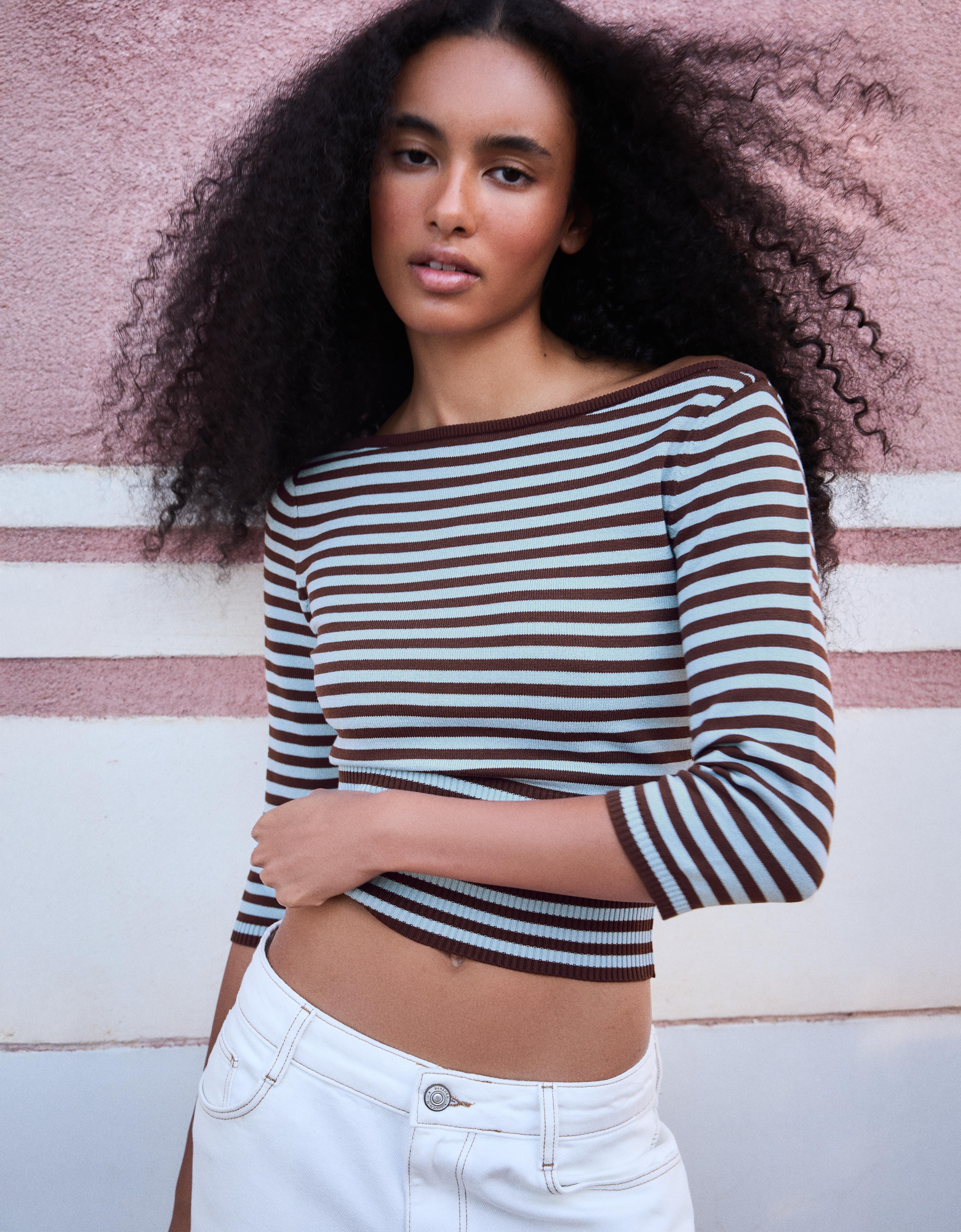 Bershka Jersey Cuello Barco Mujer L Marrón