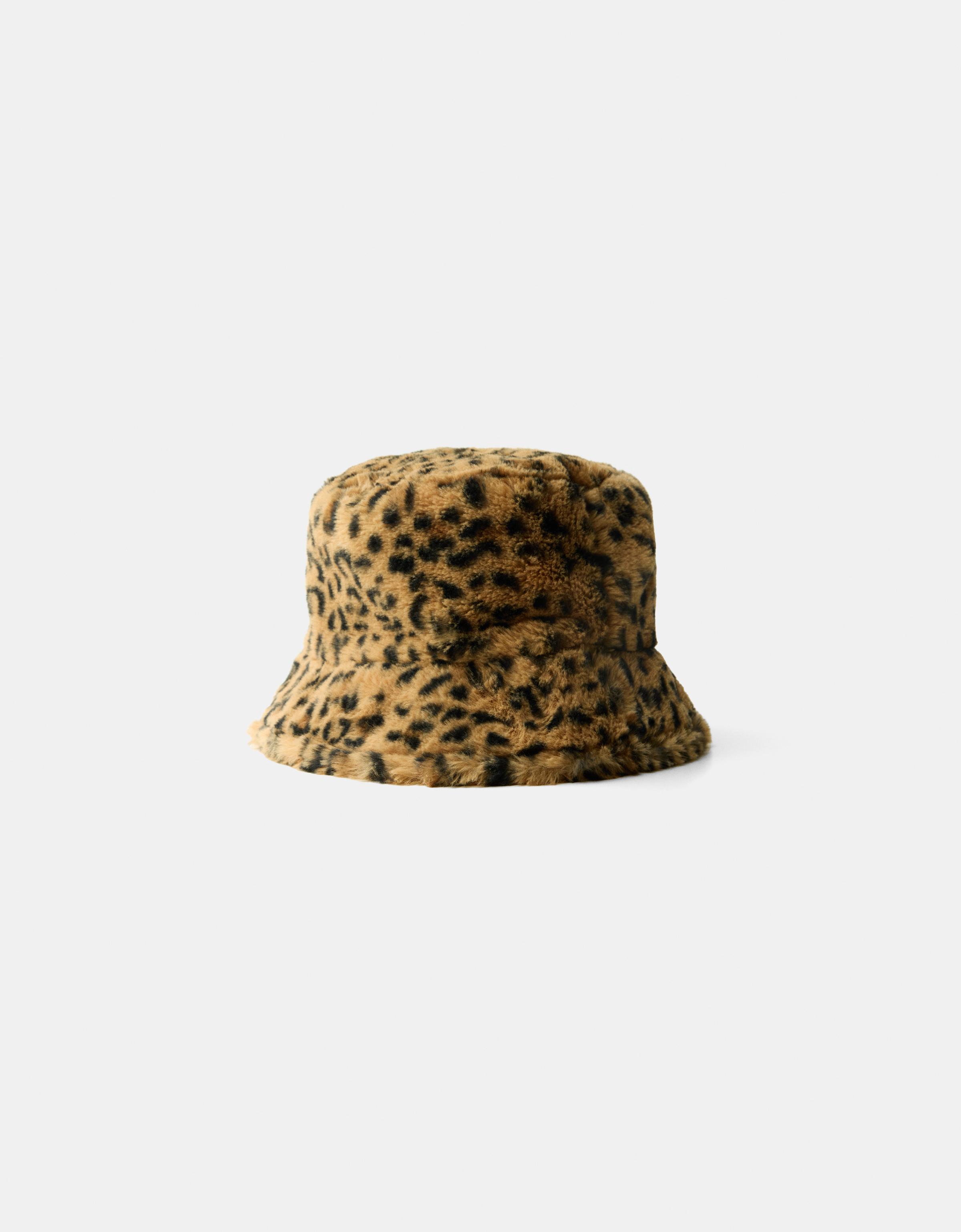 Bershka Bucket-Hat Aus Kunstfell Mit Animalprint Damen Braun