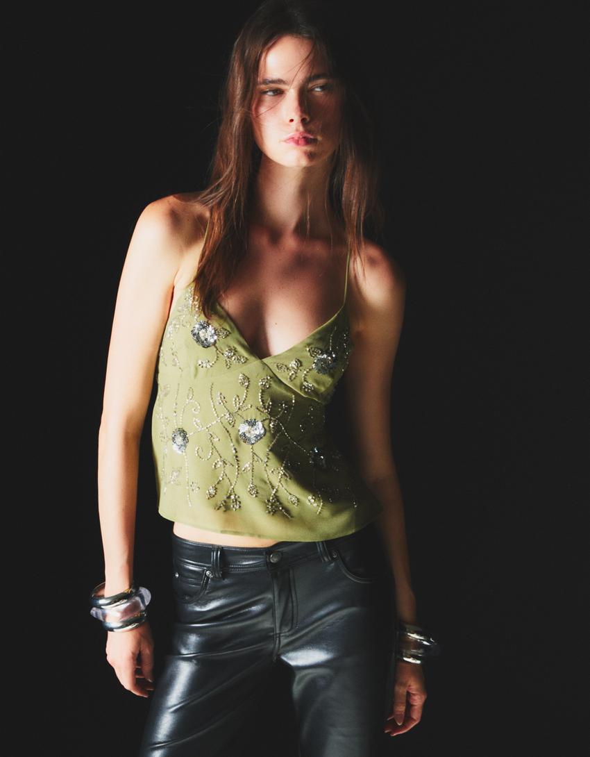 Strappy top with shimmery embroidery-Khaki