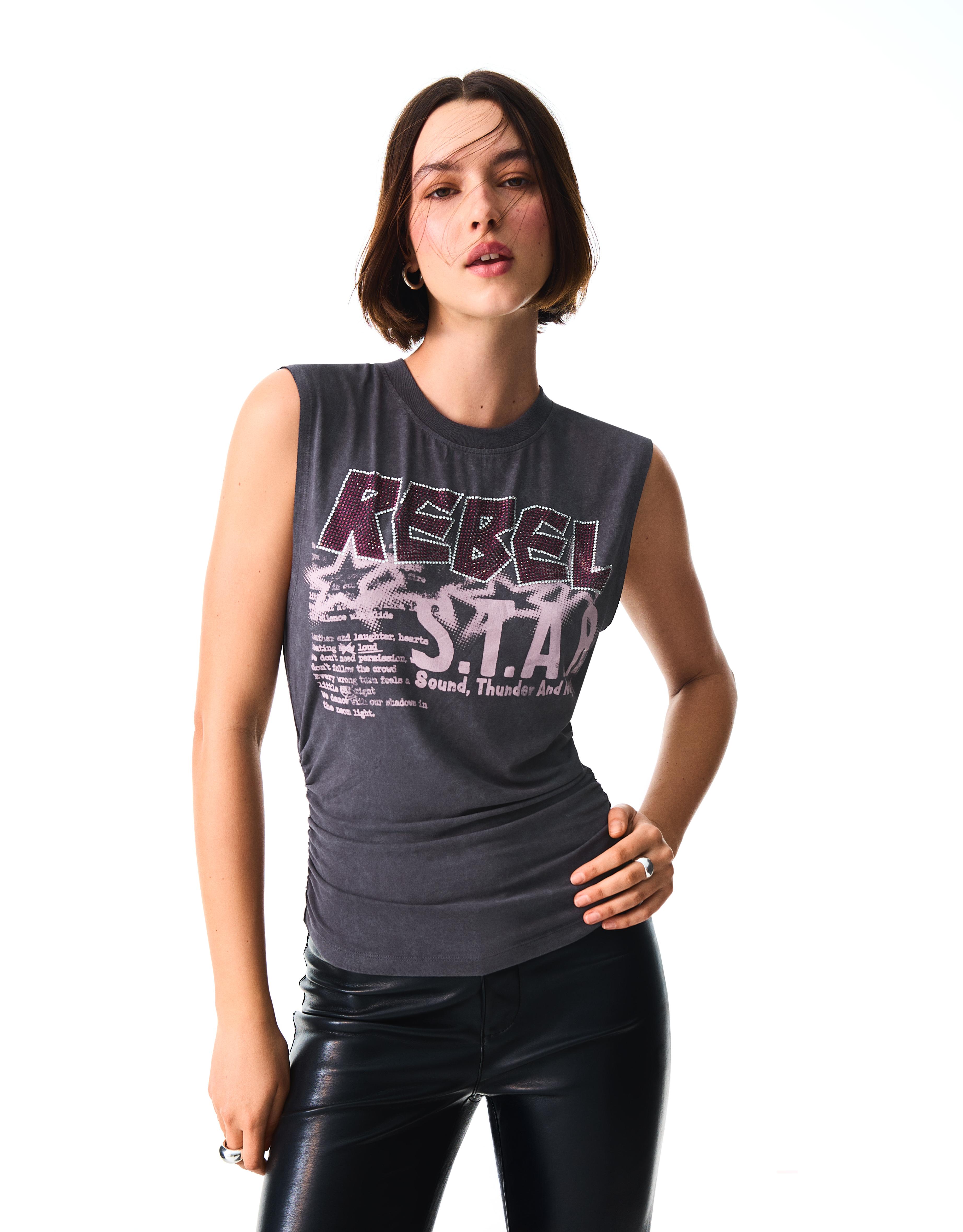Sleeveless print T-shirt — Grey