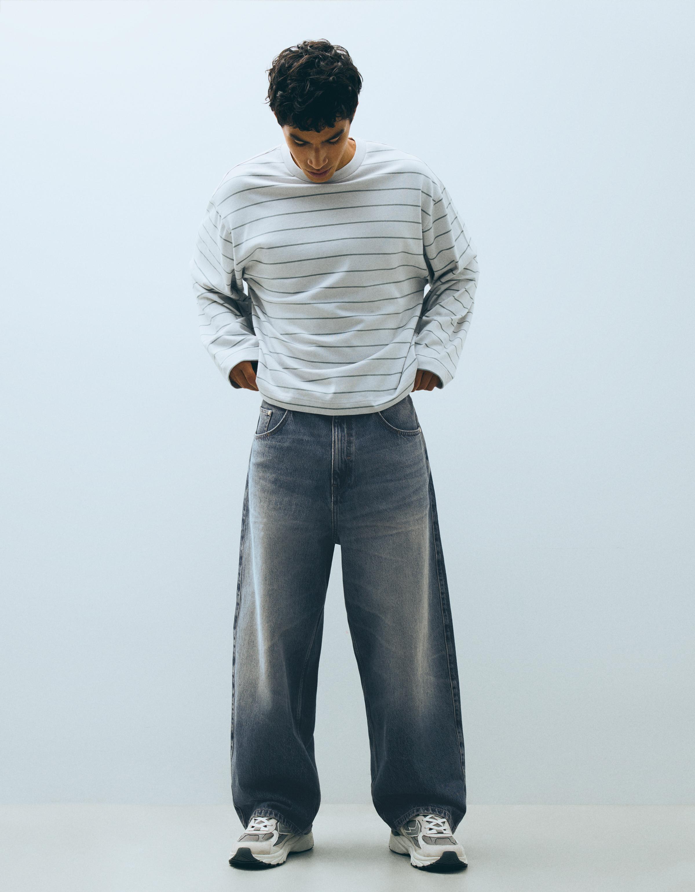 Bershka Jeans Super Baggy Hombre Azul Lavado