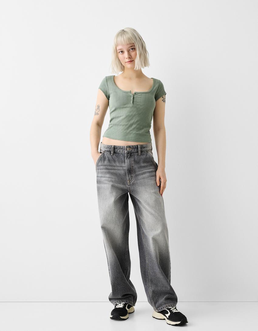 T-shirt manches courtes maille pointelle-Kaki-3