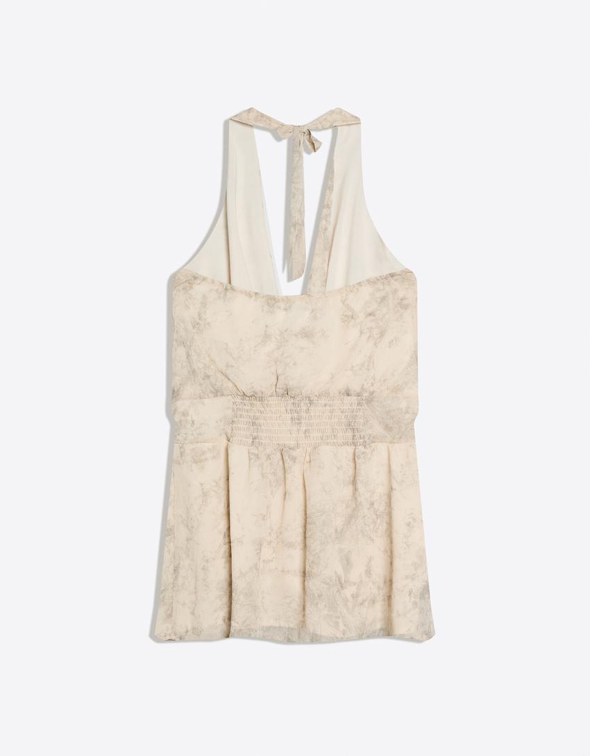 Halter neck mini wrap dress-Sand