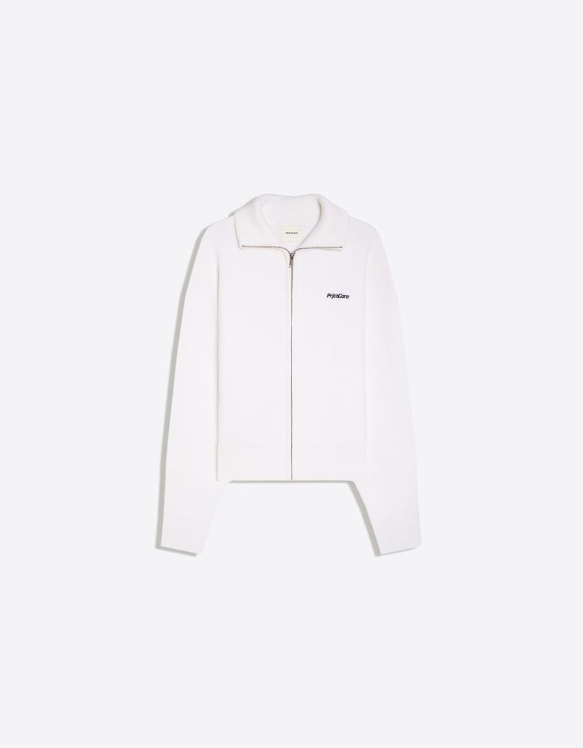 Boxy zip-up knit jacket-Off white