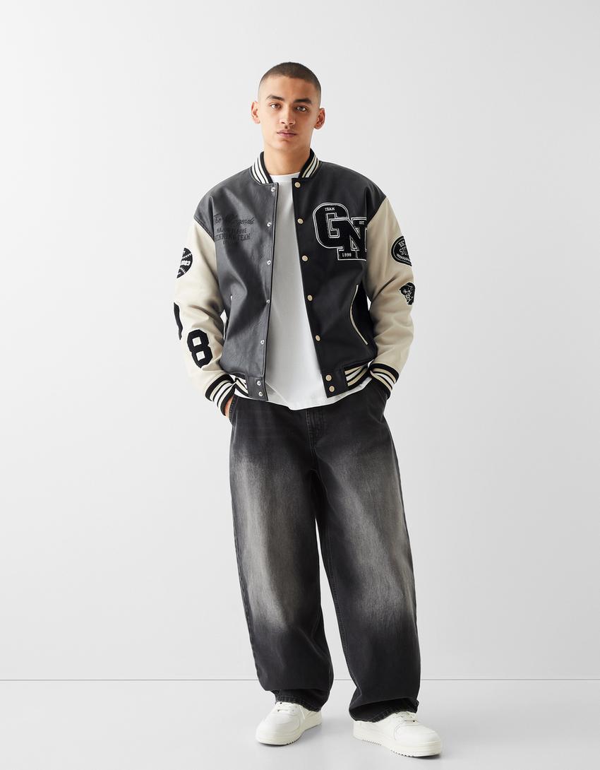 Varsity faux leather jacket-Black-3