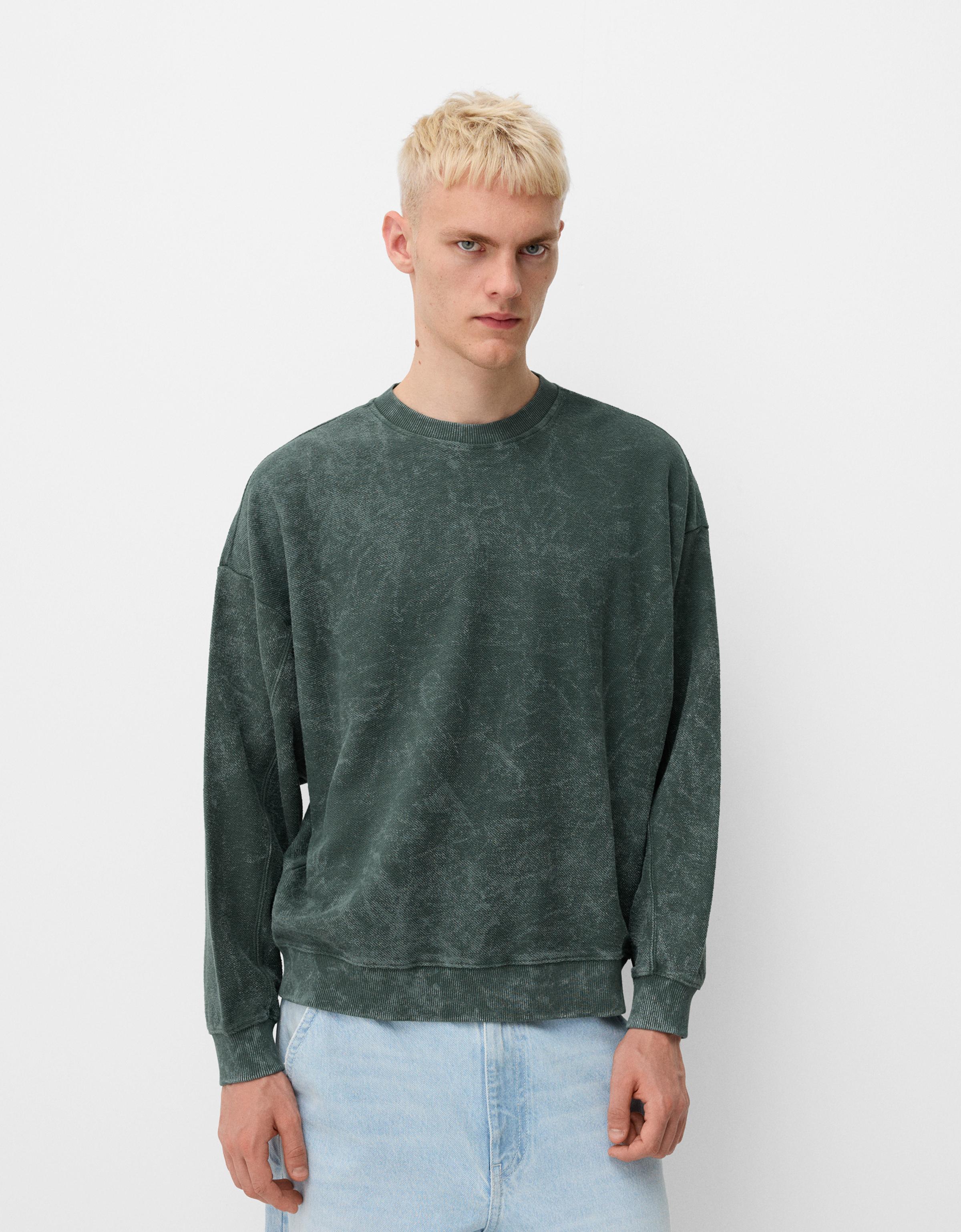 Bershka Sweatshirt Im Washed-Look Mit Langen Ärmeln Herren Xl Grün