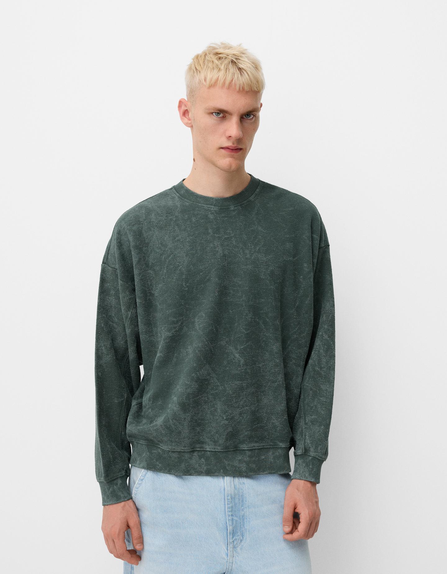 Bershka Felpa Maniche Lunghe Effetto Slavato Uomo L Verde