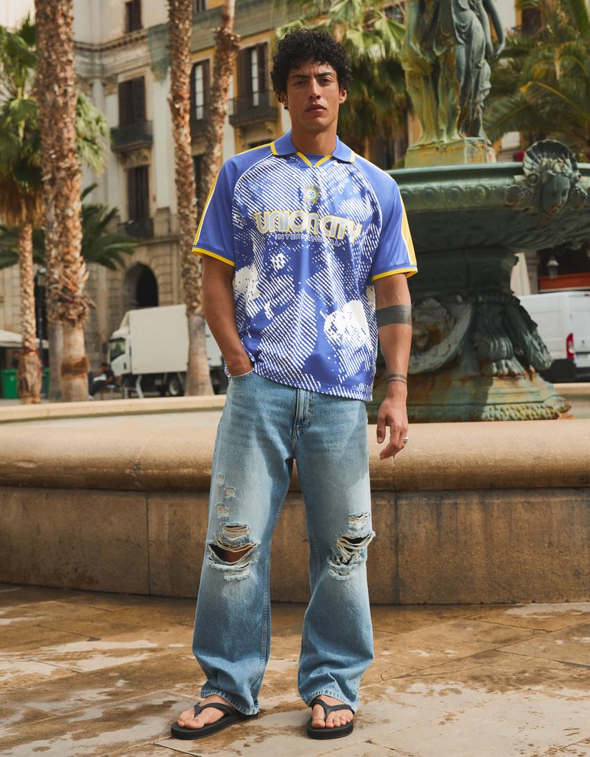 Printed short sleeve polo shirt-Blue