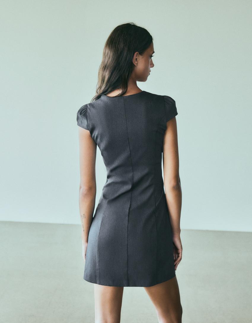 Short sleeve button mini dress-Grey
