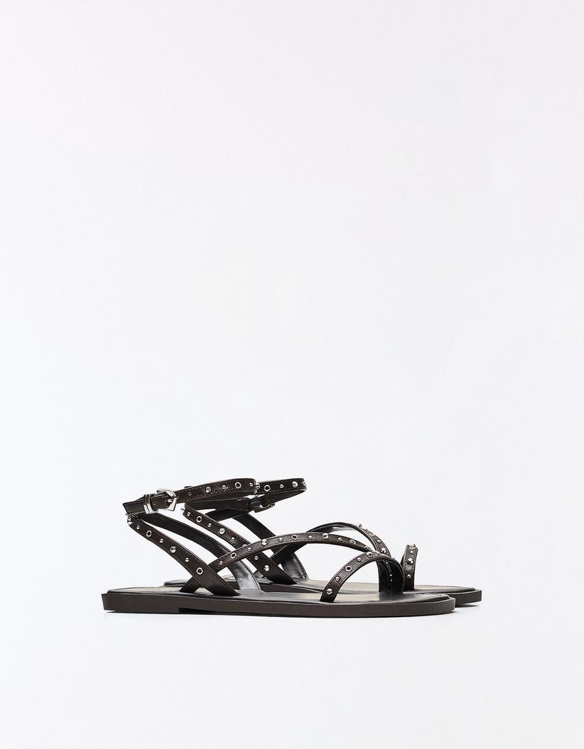 Flat multi-strap studded sandals-Brown