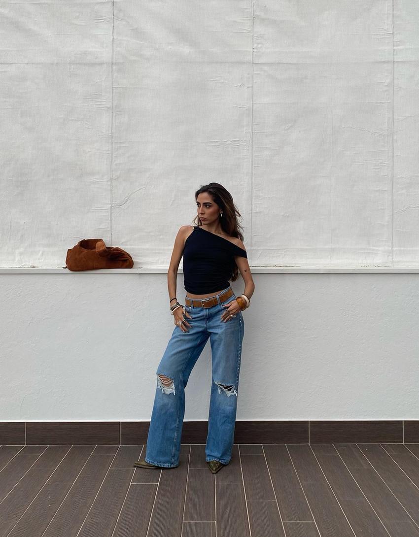 Wide leg jeans met studs en scheuren-Gewassen blauw-2