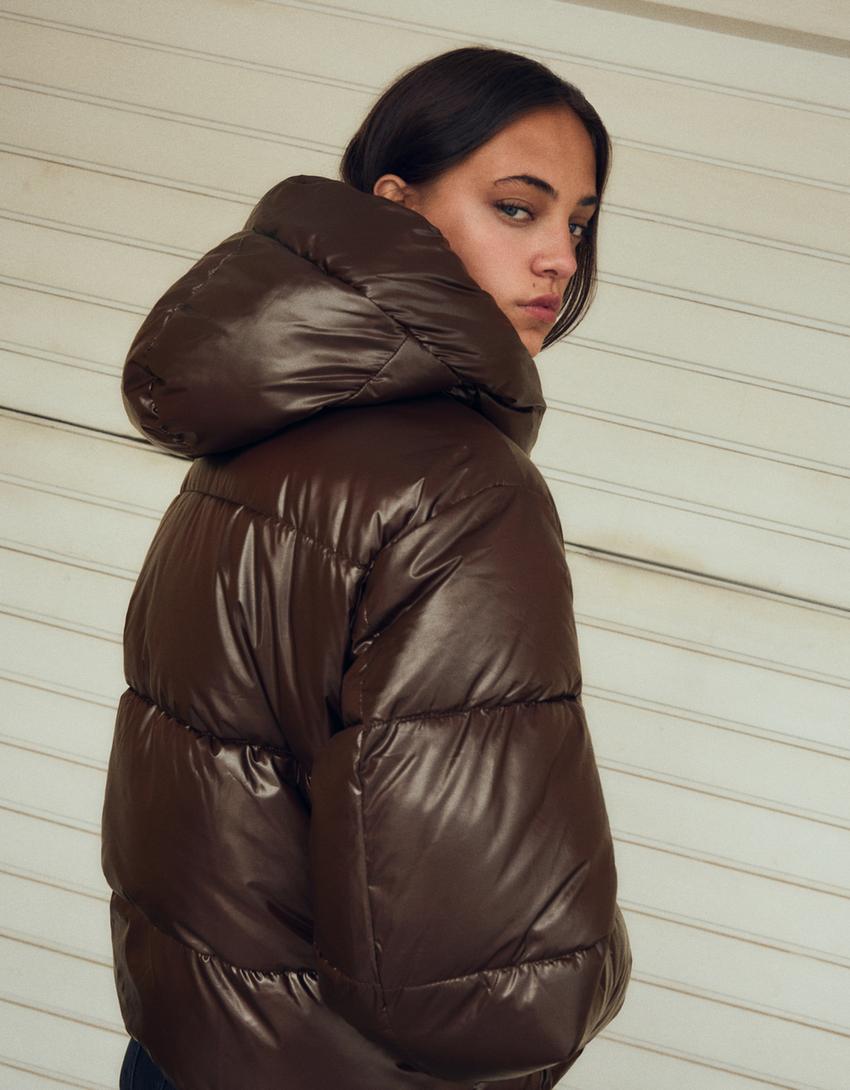 Oversize quilted hooded jacket-Brown
