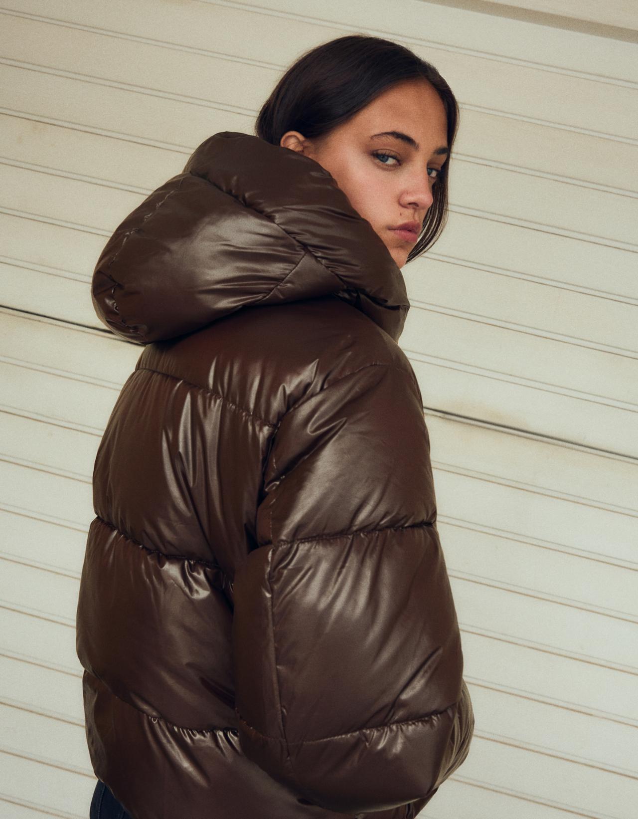 Oversize water repellent hooded quilted jacket — Brown