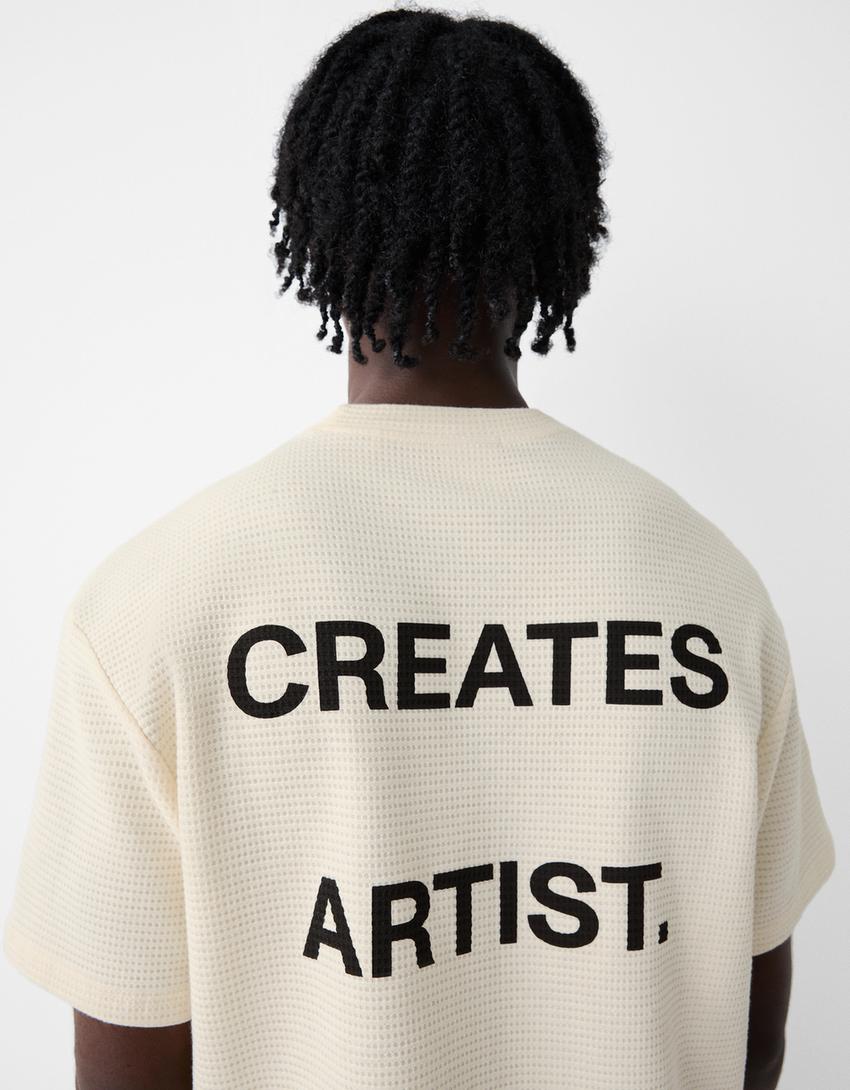 Printed boxy-fit waffle-knit short sleeve T-shirt-Cream