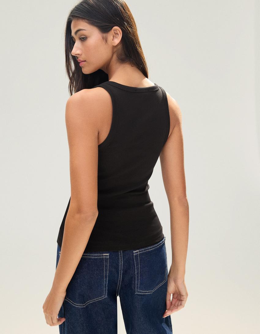 Basic ribbed strappy T-shirt-Black