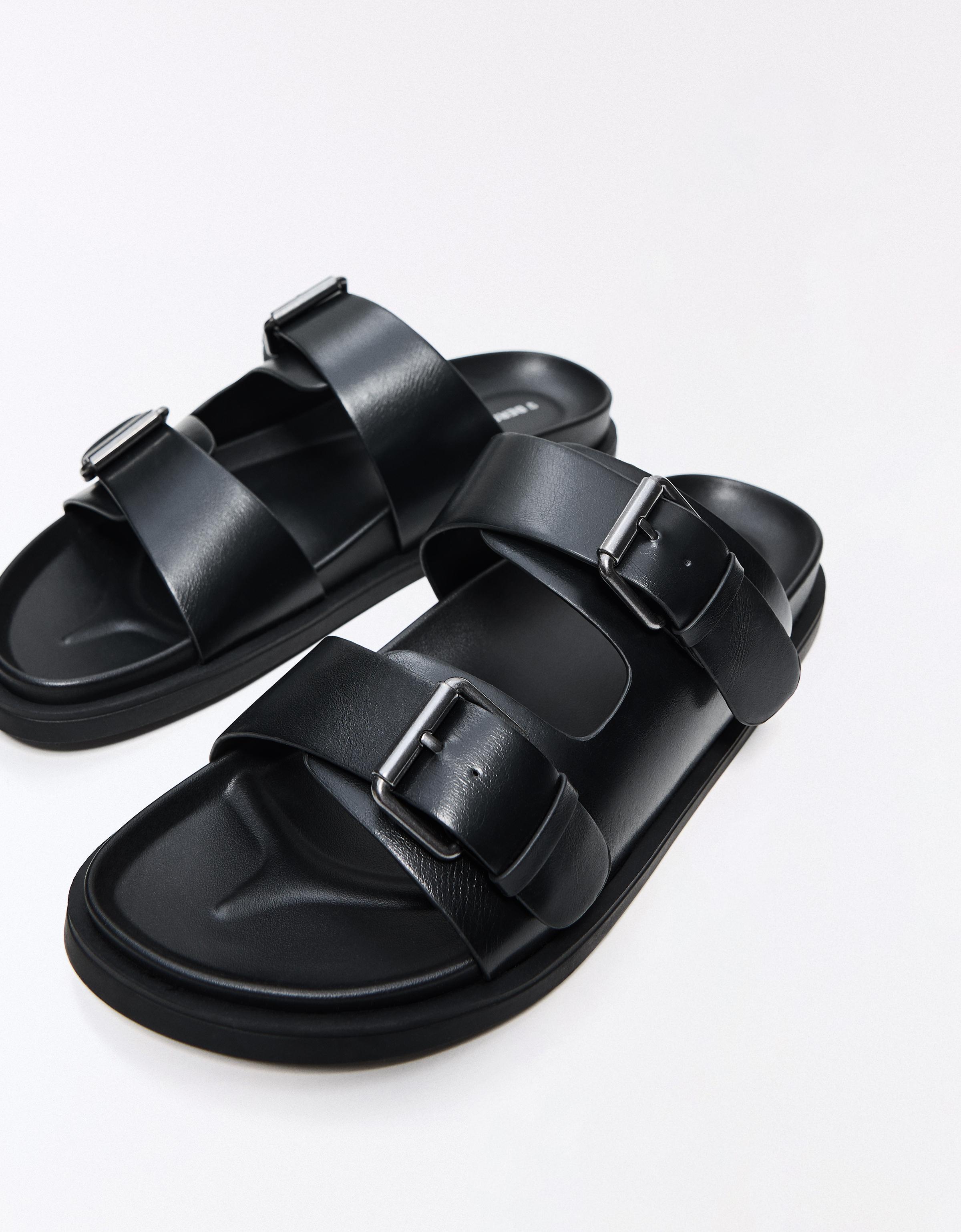 Buckled flat slider sandals — BLACK