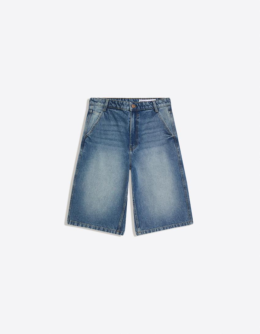 Denim skater bermuda-Gewassen blauw