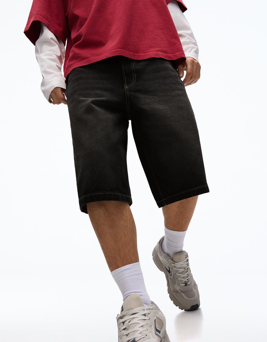 Baggy denim Bermuda shorts-Black