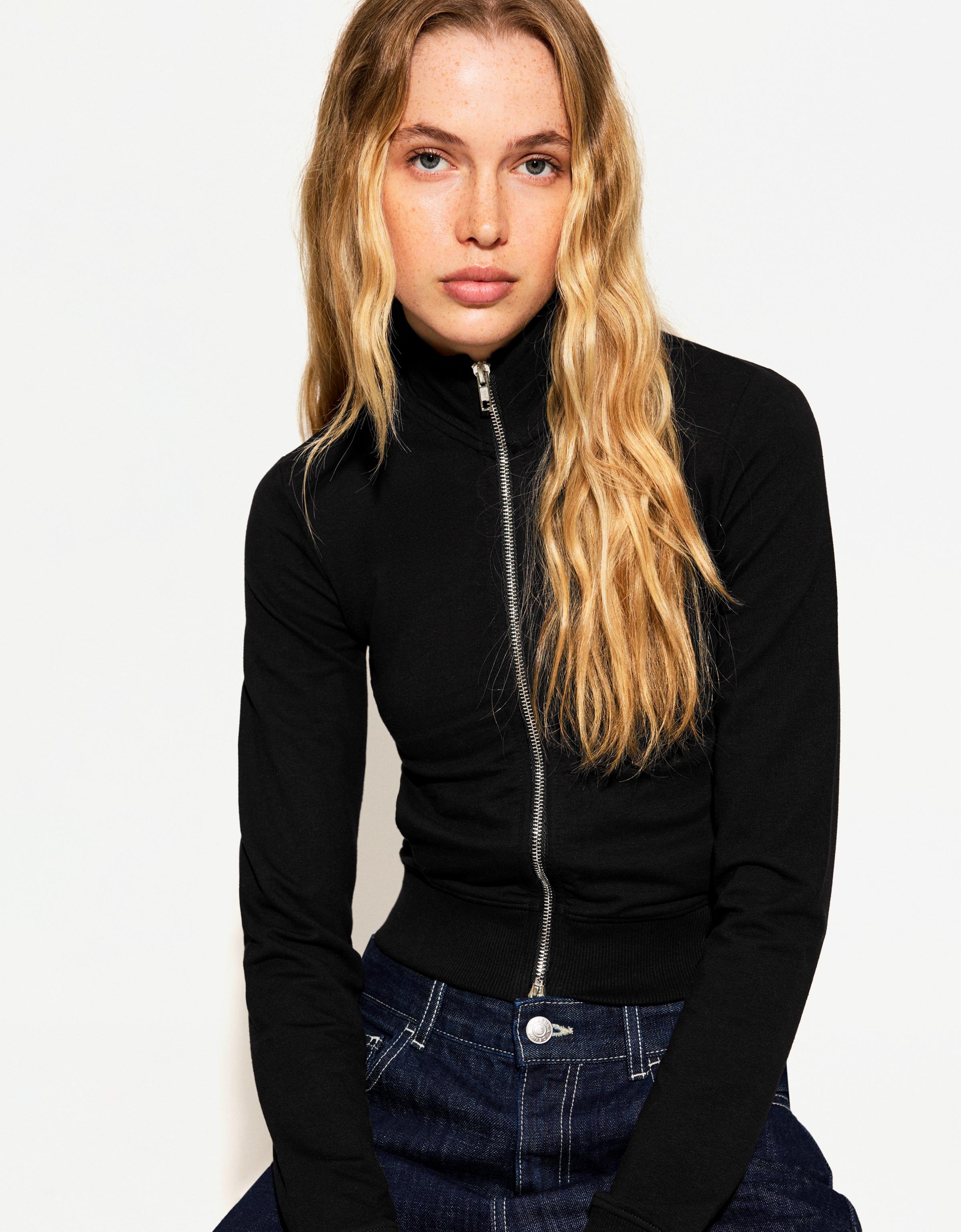 Bershka Sweatshirt Mit Reißverschluss Und Stehkragen Damen 10-12 Schwarz