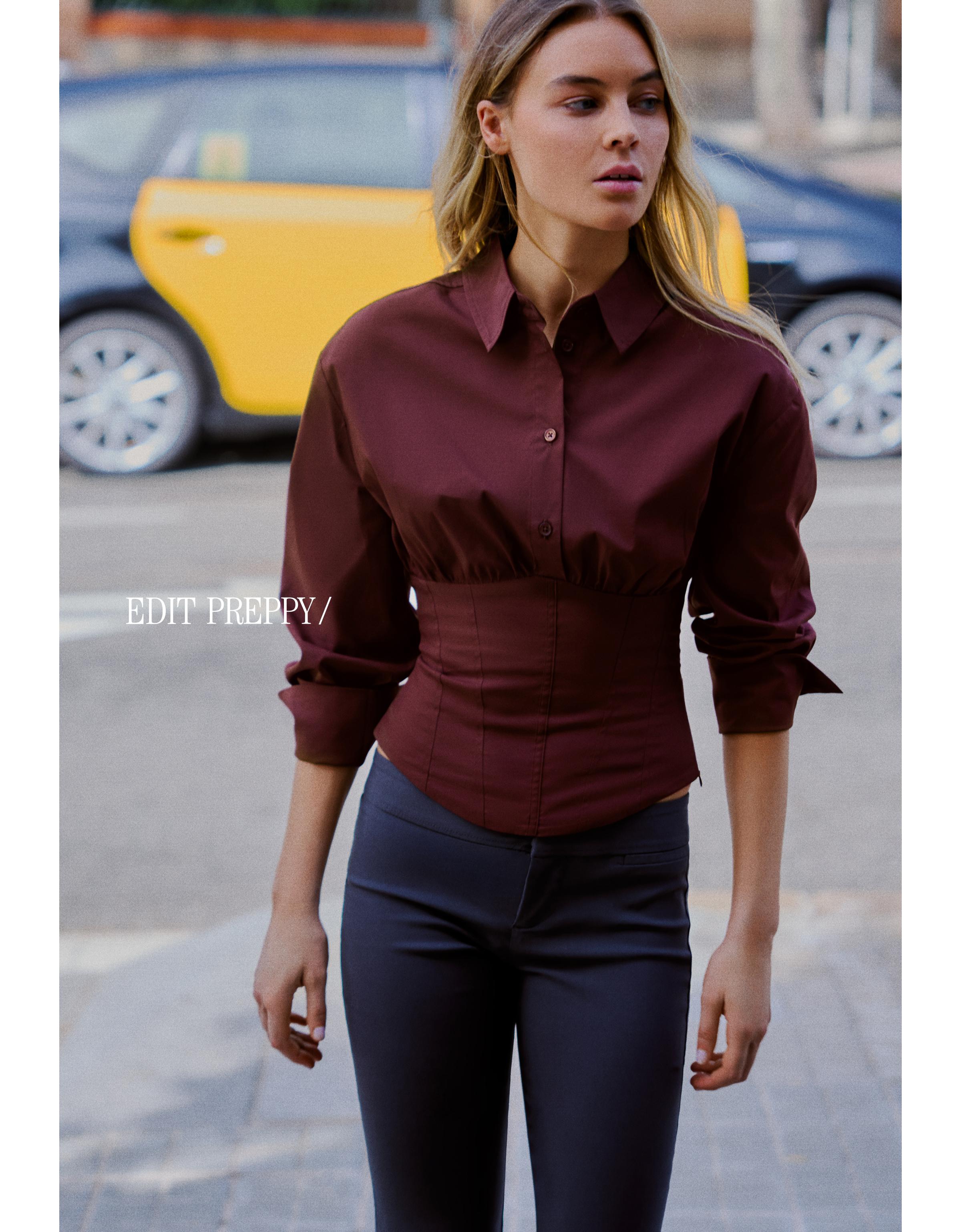 Long sleeve corset-effect shirt — Maroon