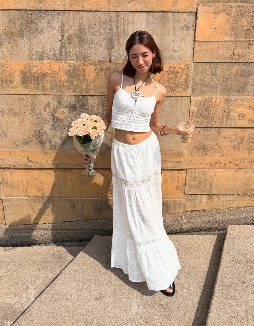 Midi skirt with lace trim-Off white-3