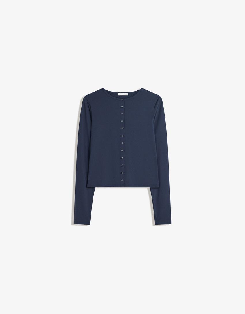 Long sleeve T-shirt with buttons-Navy-3