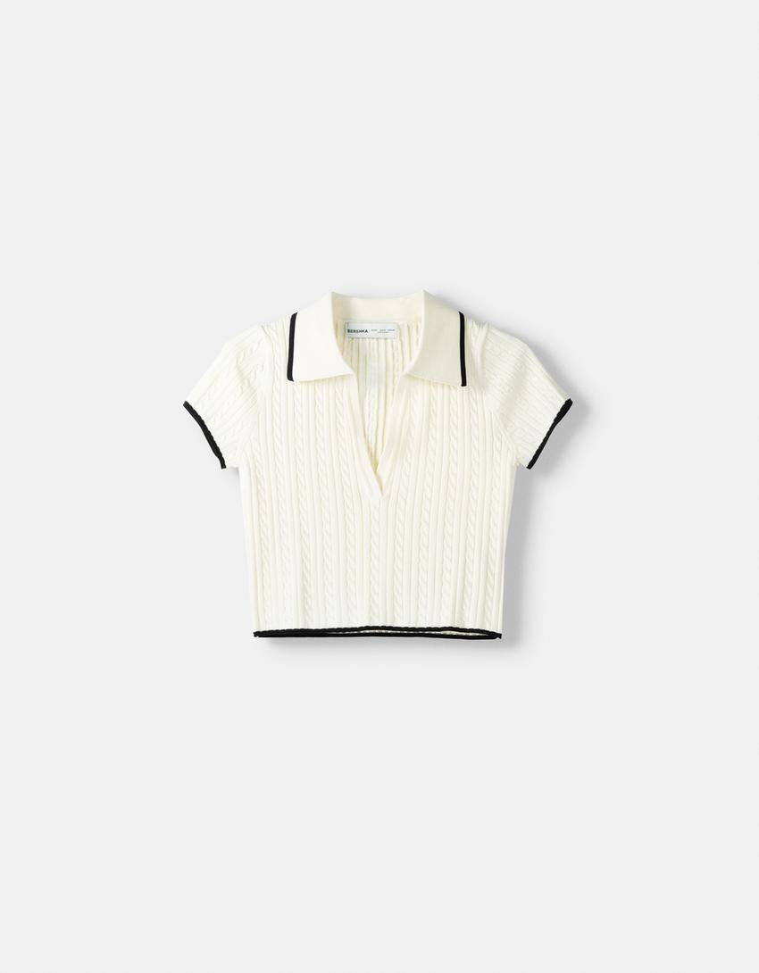 Camisola manga curta gola camisa polo tranças-Cru-4