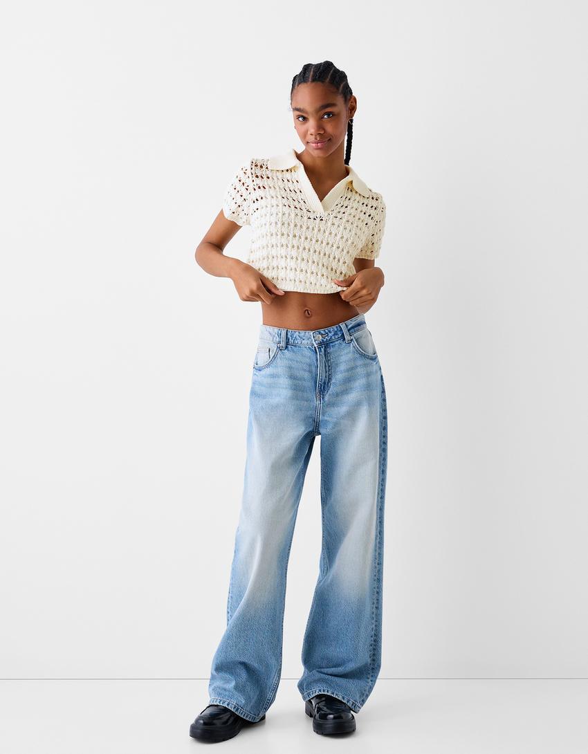 قميص ريفي بغرزة مخرمة وأكمام قصيرة-كريمي-3