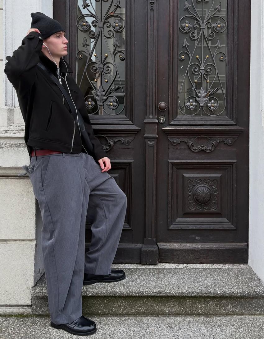 Blouson zippé en drap-Noir