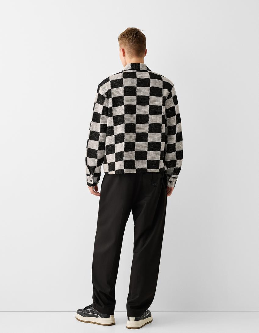 Chemise manches longues imprimé damier-Blanc / Noir-2