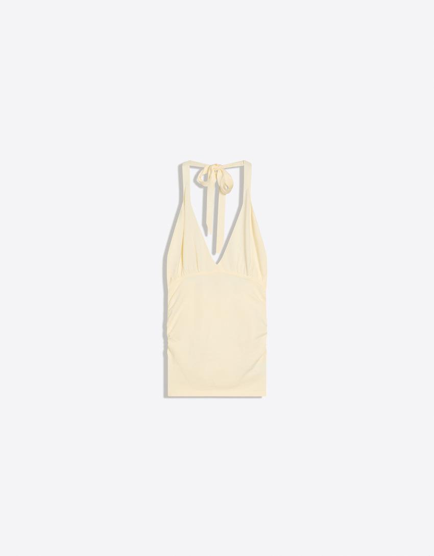 Ruched halter top-Beige
