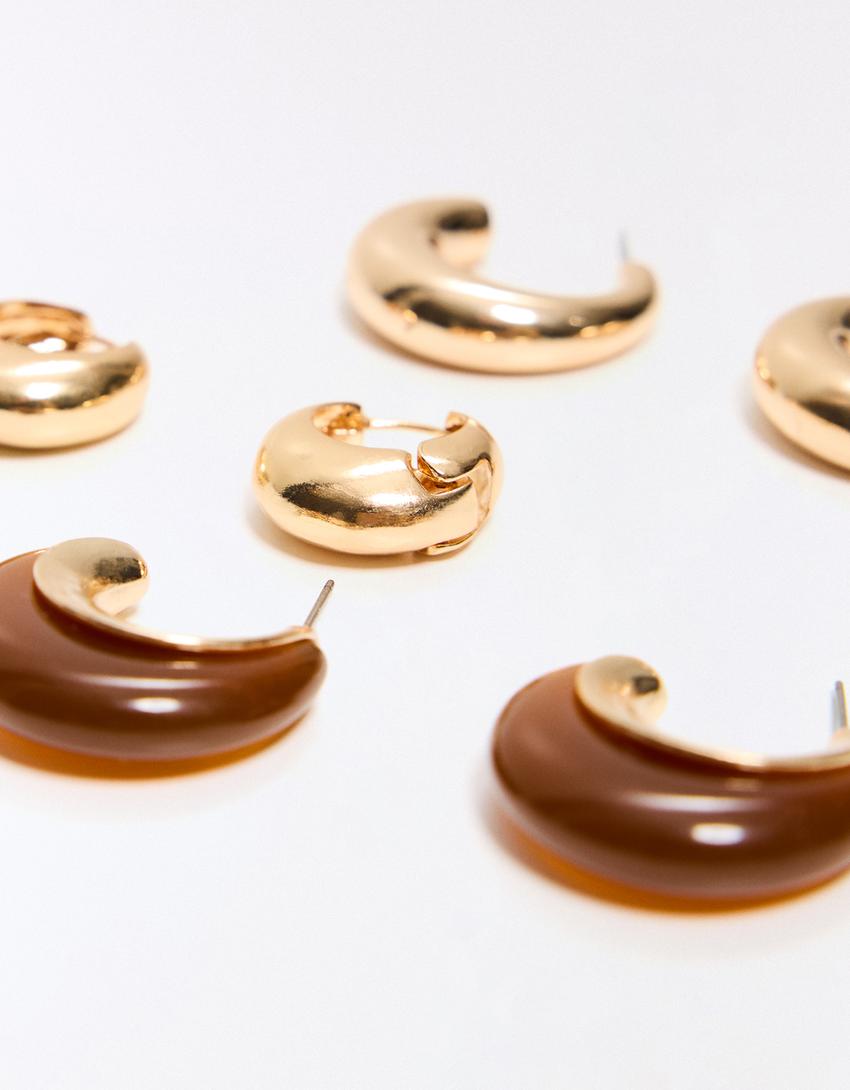 Pack of 3 resin-effect earrings-Brown
