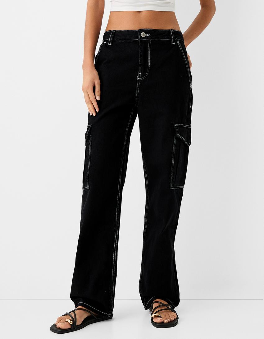 بنطال جينز كارغو بقصّة مستقيمة-أسود-1