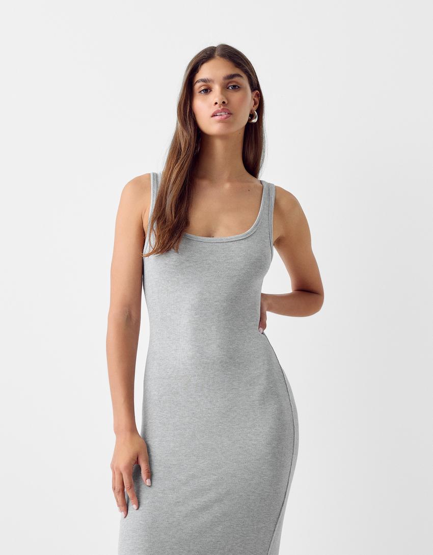Ribbed dress with straps-Grey-1