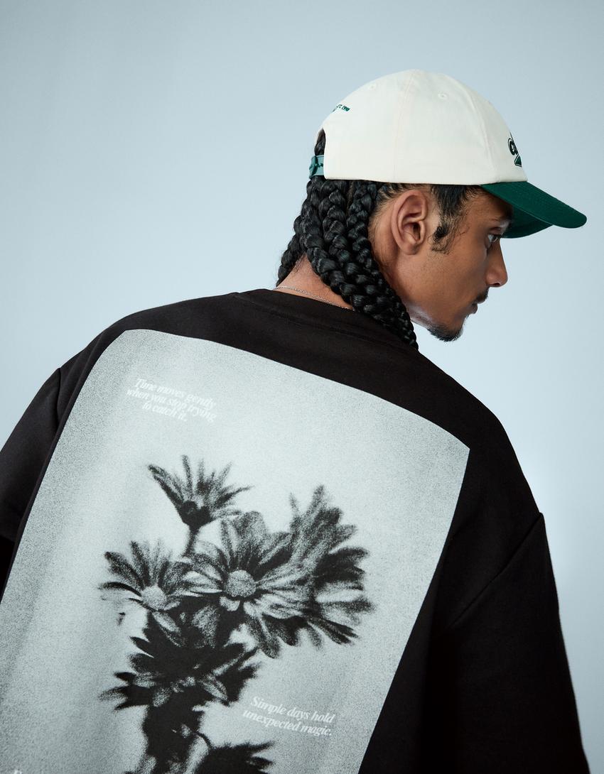 T-shirt en molleton à manches courtes et imprimé-Noir