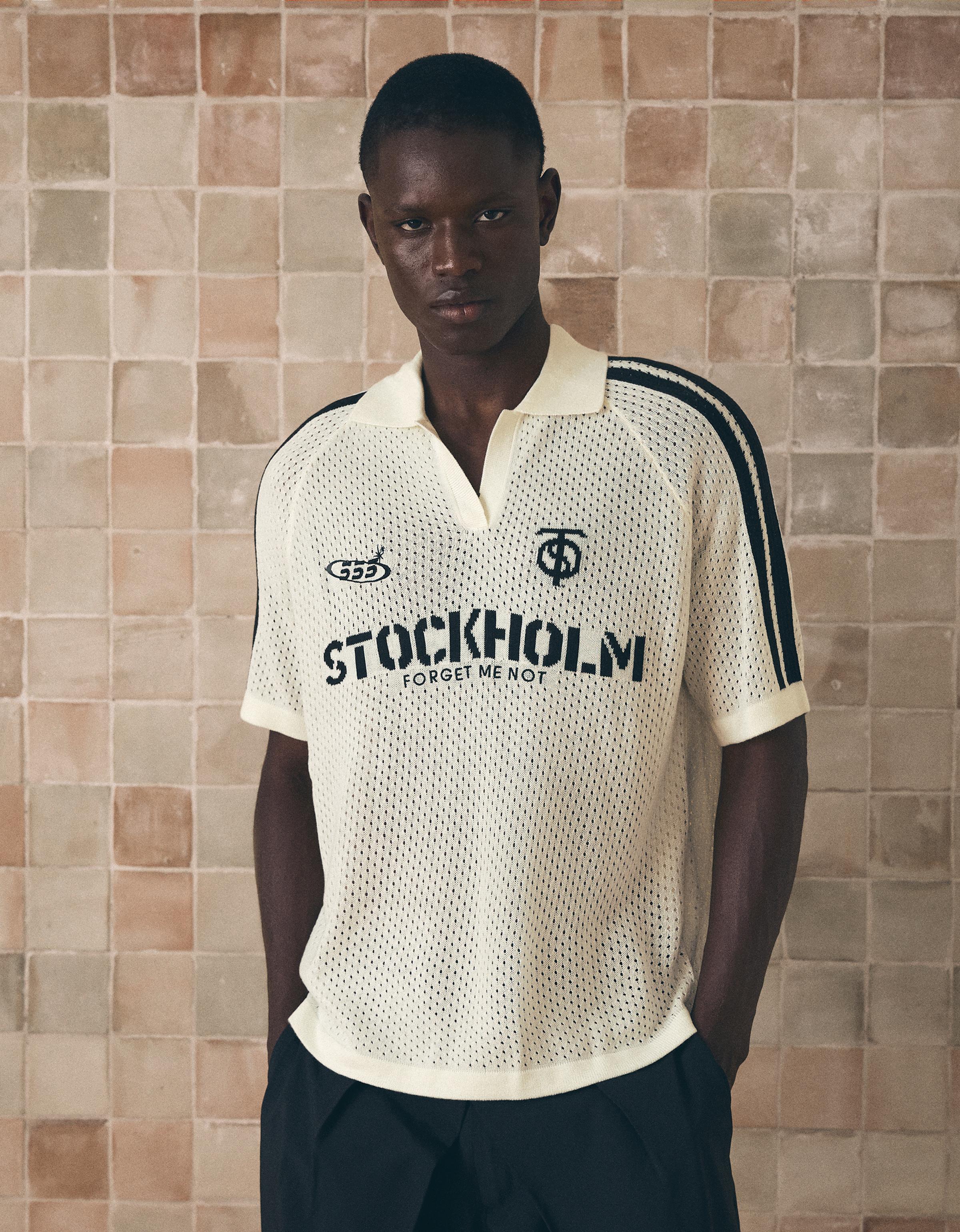 Bershka Polo Mesh Retrosport Print Hombre Blanco Roto