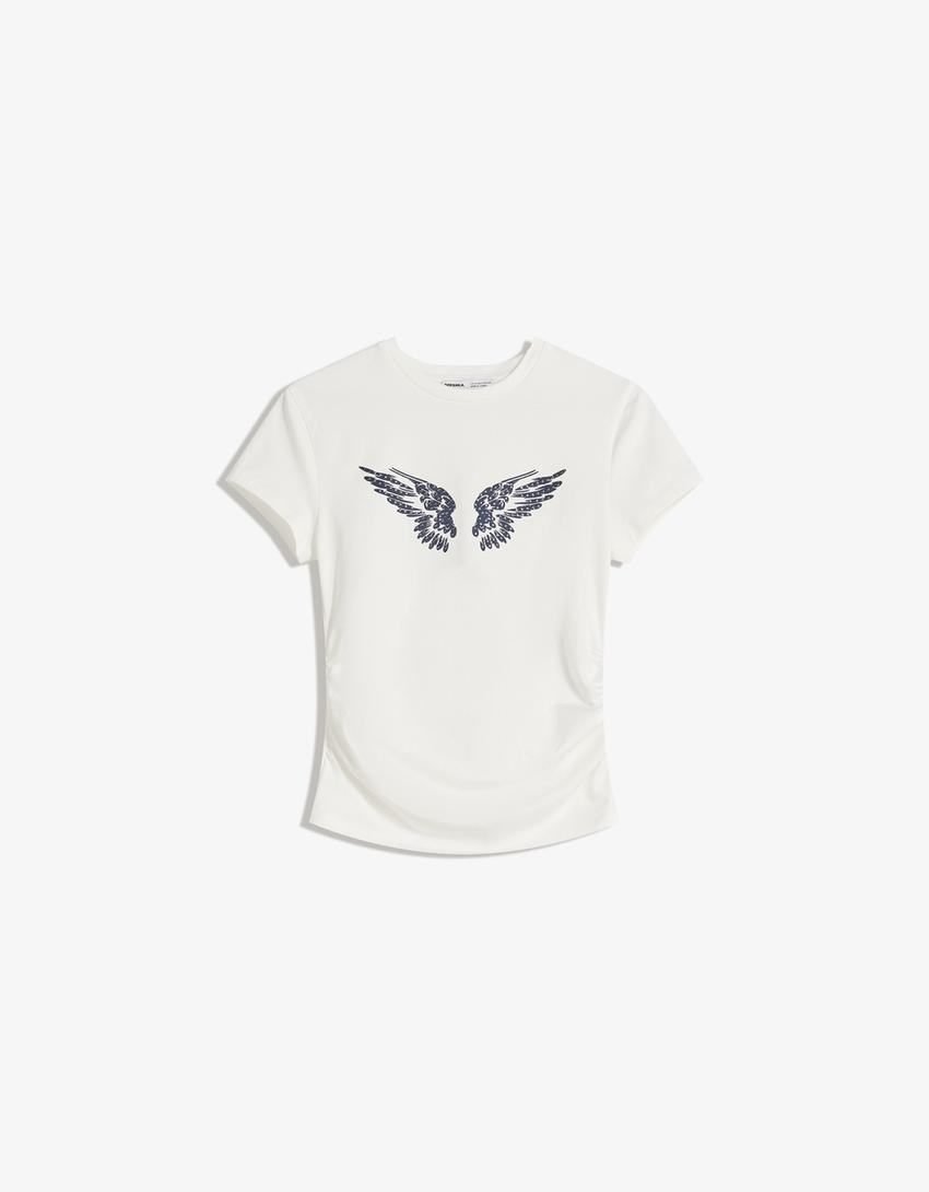 T-Shirt mit Print und Nieten-Grbrochenes Weiss-3