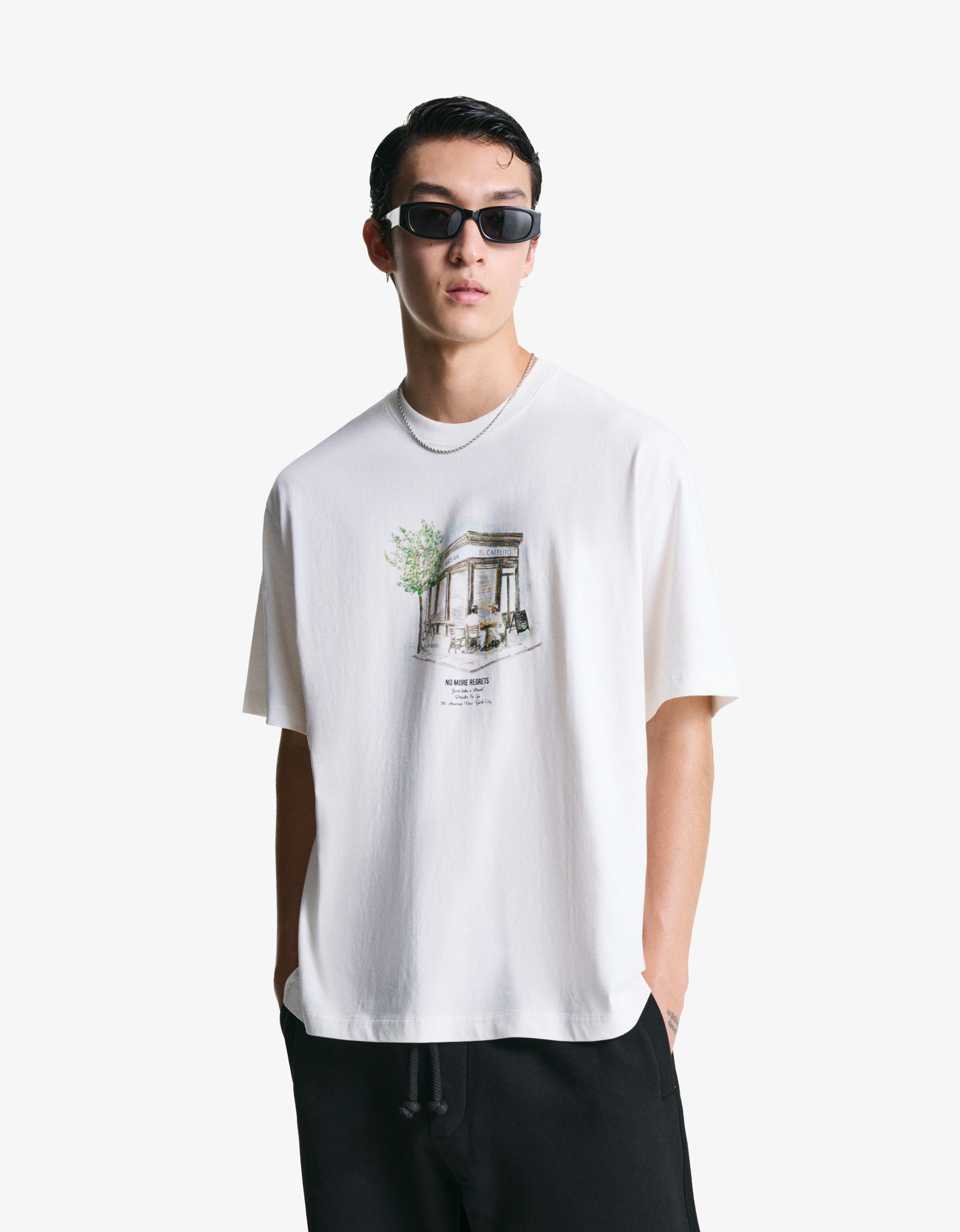Bershka T-Shirt Mit Print, Kurze Ärmel Herren Xs Grbrochenes Weiss