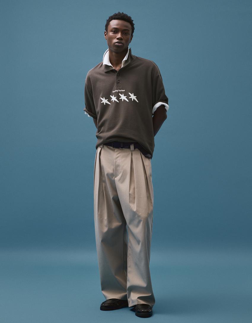 Boxy short sleeve print polo shirt-Grey