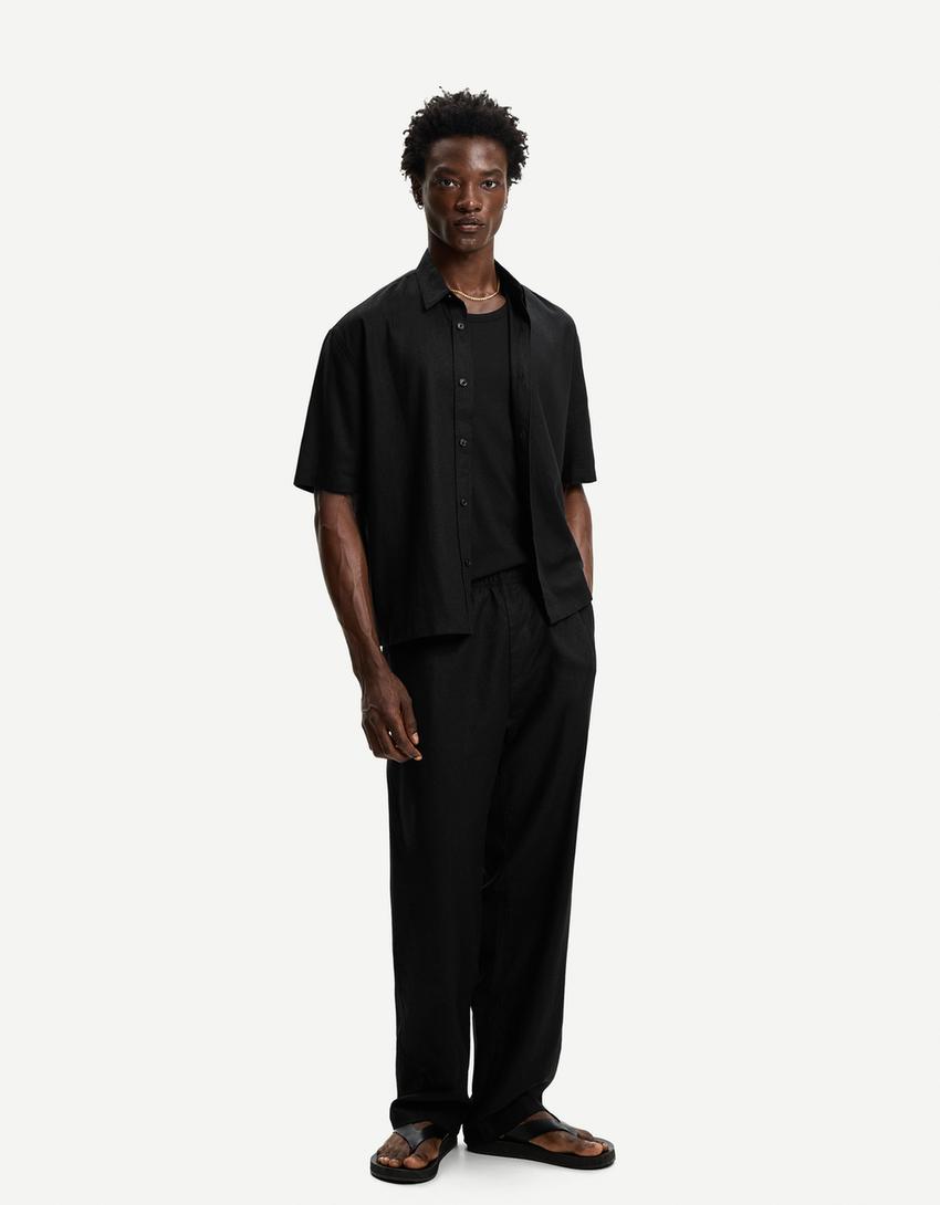 Camisa manga corta con lino-Negro-2