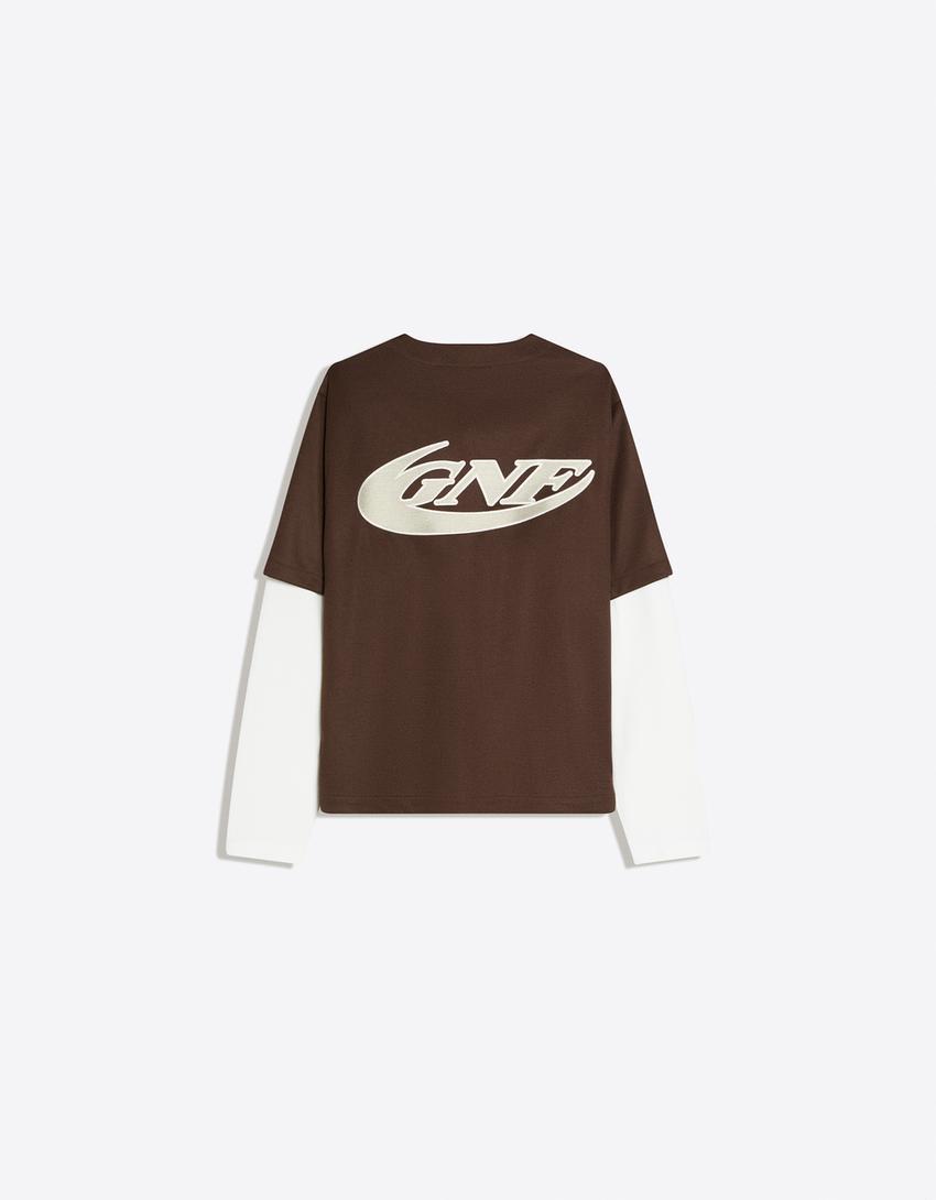 Embroidered double sleeve boxy shirt-Brown